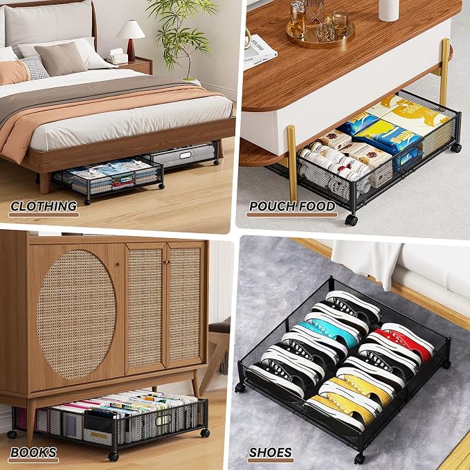 Under Bed Storage with Wheels & Handle,Metal,Large,4 Pack,Black | Tool-free assembly, glide smoothly, easy reach, foldable, maxmazie low-profile beds, dorm, keep seasonal clothes, shoes fresh