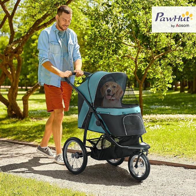 PawHut 3 Wheels Pet Stroller Foldable Jogger for Medium Dogs Dark Green | Adjustable Canopy, Safety Tether, Cushion, Storage Basket, Portable for Meidum Dogs and Cats
