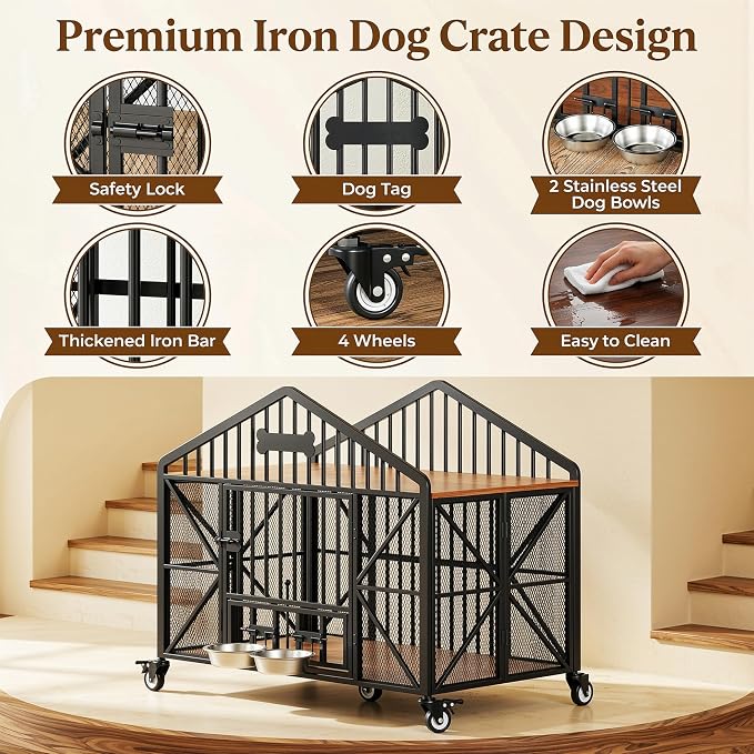 IRONCK 41.5" Foldable Dog Crate Furniture with 5 Wheels & Rotating Bowls | No assembly. 5-wheel base. 2 rotating bowls. For medium Dogs. 41.5"L x 24.8"W x 35.1"H. Rustic Brown finish.