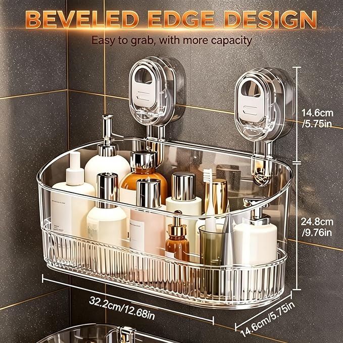 No Drill Clear PET Lock Suction Storage Caddy with Drain Holes | Lockable no-drill suction cups, drain hole PET basket, fits marble, glass, tile & smooth metal walls.