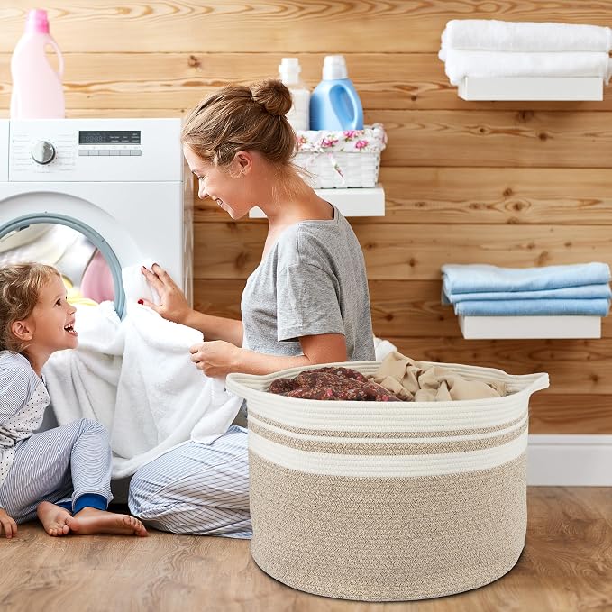 XUANGUO Extra Large Cotton Rope Round Storage Basket 22" x 14" | Woven basket for blankets, toys, towels, laundry, nursery, living room and pet toy storage.