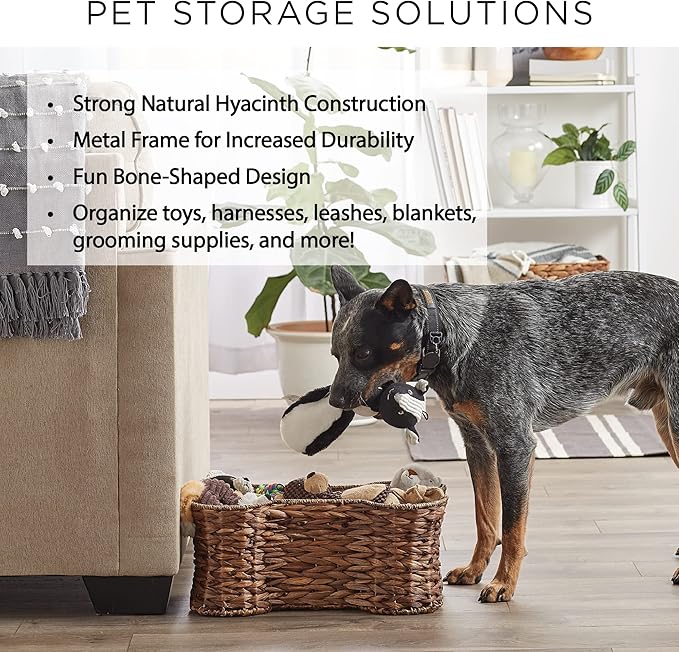 Bone Dry Pet Storage Collection, Bone Shape Hyacinth Toy Basket, Dark Brown, Medium - 21x13x8"