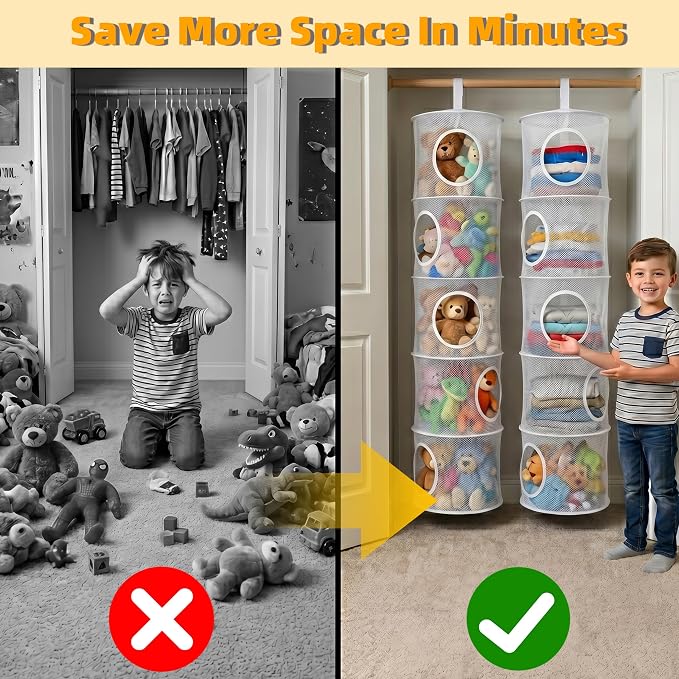 2Pcs Hanging Stuffed Animal Storage Hammock Net 5 Tiers, White | Hanging Mesh Storage Organizer for Kids Room, Holds Plushies, Gloves, Hats, Socks, Foldable Space-saving Design