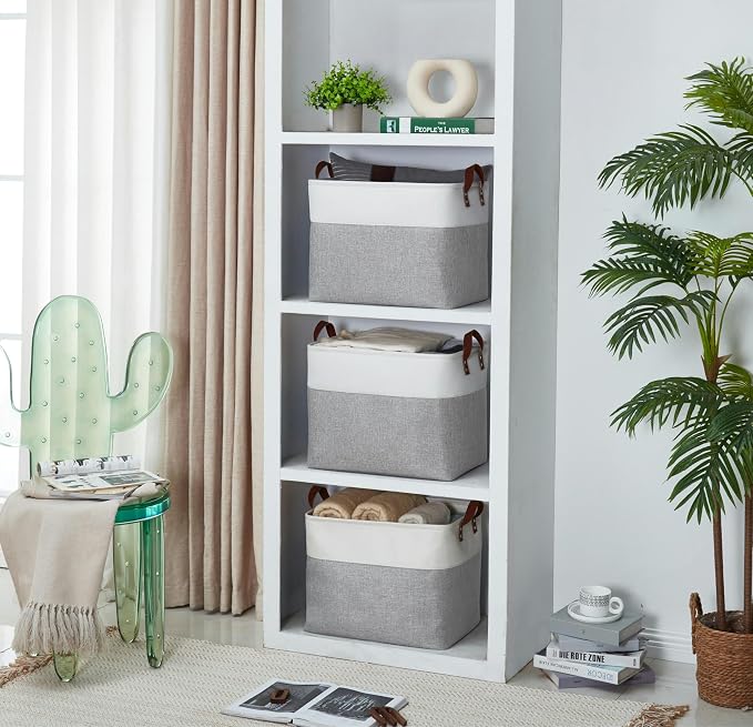 DECOMOMO Fabric Storage Bins, Extra Large Storage Baskets with Handles | 3 Pack Storage Baskets for Shelves, Laundry, Toys, Nursery (Grey & White)