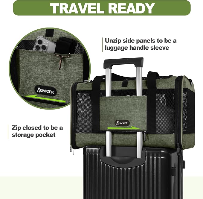 GAPZER Medium Cat Carrier Bag Lightweight, Soft-Sided Small Pet Carry Crate | 18 x 11 x 11 Light Weight Yorkie Kennel up to 15 lbs for Indoor House, Top Entry Bunny Canvas Bag Vet Visit Easy Clean Olive