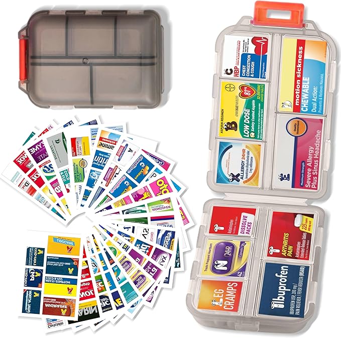 Pill Organizer with 161 Medicine Labels, Daily Travel Pill Case (Grey) | Compact 10-compartment pill case and pill box with 161 medicine labels for 7-day planning, vitamins, supplements, and travel