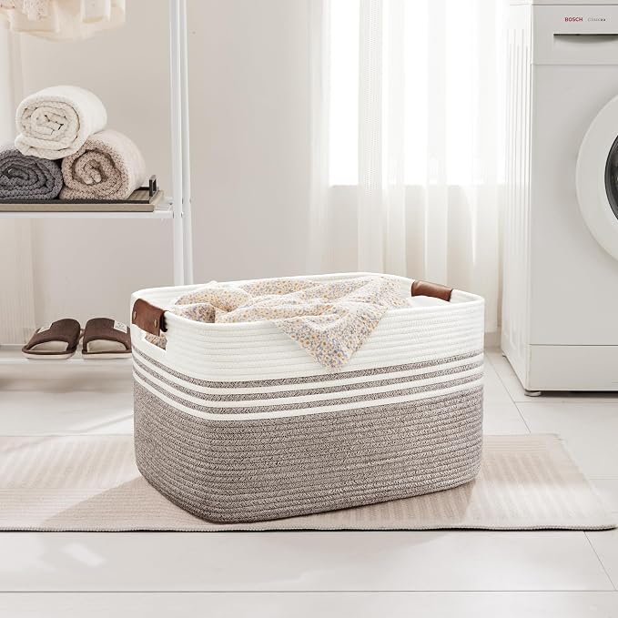 72L Woven Laundry Basket Hamper with Leather Handles,Dark Brown | collapsible wicker hamper, storage for dirty clothes, toys, blankets, gifts, living room, bedroom, bathroom, 22"x17"x12"