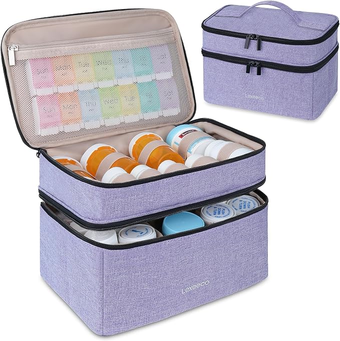 Lexeeco Dual Layers Medicine Pill Bottle Organizer Bag with Lockable Zipper | Portable Medication Bag for Pills,Vitamins,Fish Oil,Medicine Storage Box for College Dorm Student,Home,Large Travel Pill Case