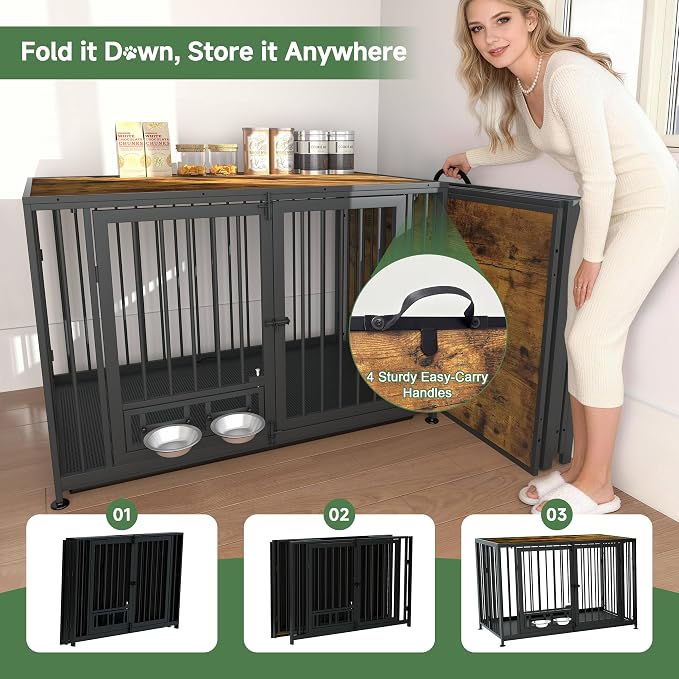 43.3" Heavy Duty Large Dog Crate with Wheels & Feeding Bowls, 3 in 1 Foldable Extra Large Dog Kennel & Playpen, Indestructible Escape Proof Metal Dog Cage for Large Dogs, Indoor Outdoor, Rustic Brown