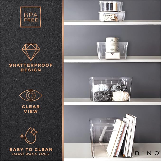 BINO | Plastic Storage Bins, Square - 3 Pack | THE LUCID COLLECTION | Multi-Use Bins | Built-In Handles | BPA-Free | Clear Containers | Fridge Organizer | Pantry & Home Organization