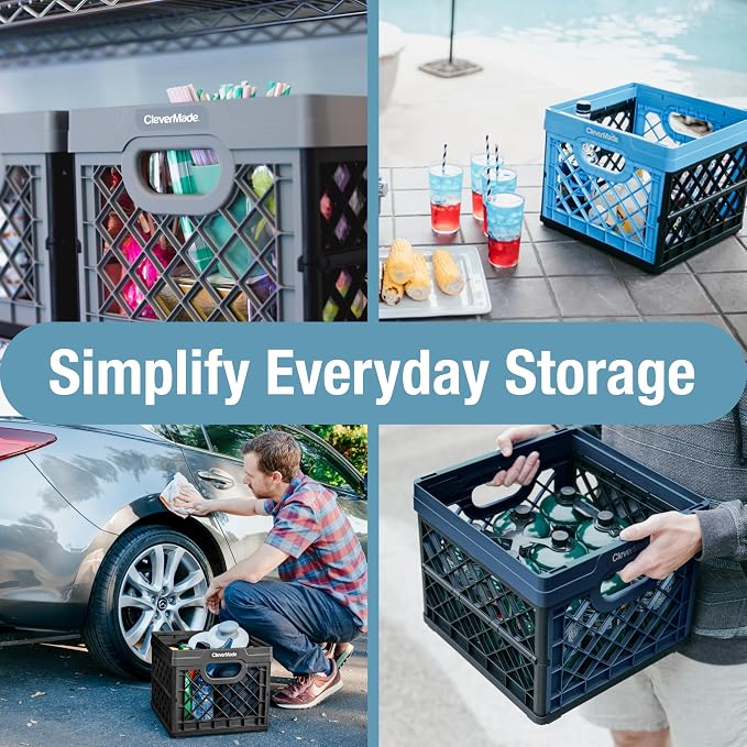 CleverMade Collapsible Milk Crate (EcoCrate) - 25L - Ocean (3PK) | Organize Files, Groceries, and Gear in One Crate | Built-In Rails Hold Letter Folders, While the Frame Stacks Securely