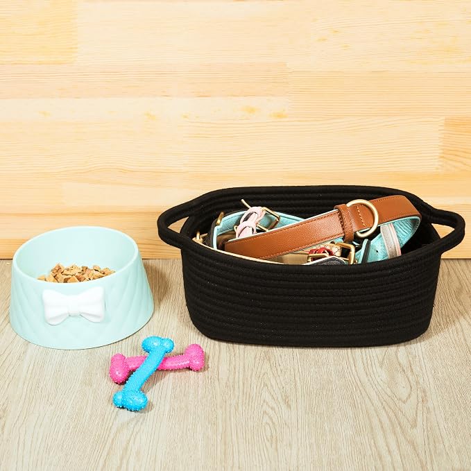 5-Piece Storage Baskets for Organizing, Small Woven Rope Baskets for Storage and Shelves, Dog Cat Toy Basket Box, Pantry Bathroom Organization Bins, Nightstand Organizer, Full Black