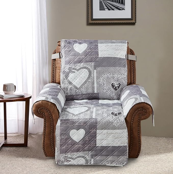 Brilliant Sunshine Grey Heart Love Patchwork Couch Recliner Cover, 28" seat | Quilted Sofa Cover, Living Room & Bedroom Furniture Protector, Large Washable Reclining Chair Slipcover for Pets, Dogs & Cats
