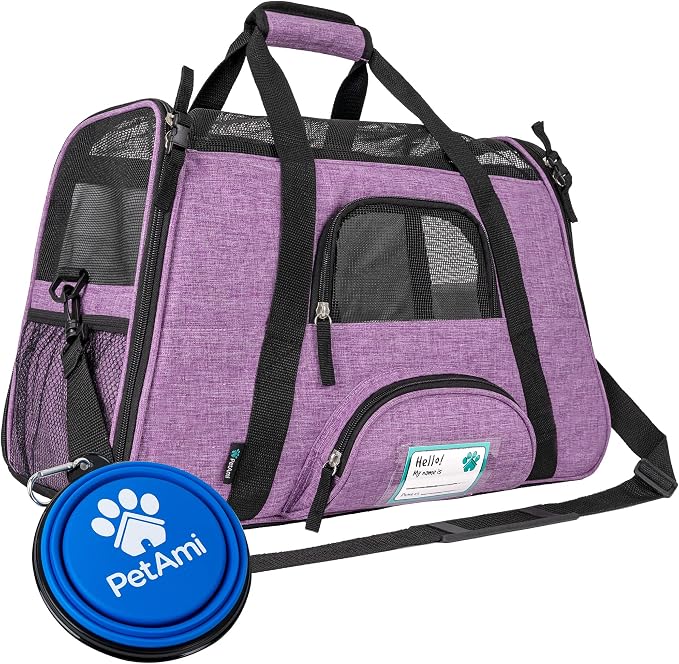 PetAmi Airline Approved Pet Carrier Cats & Small Dogs, Small Heather Purple | Soft Sided TSA Travel Bag, Sherpa Bed, Breathable Mesh Ventilation, Collapsible Bowl, Fits Under Seat, Up to 18 lbs