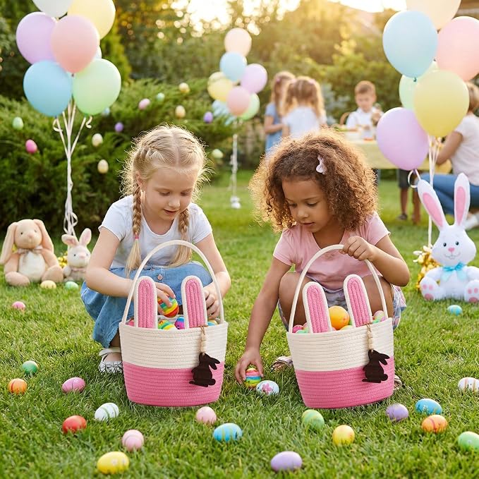 Pro Goleem Easter Basket for Kids, Adorable Woven Egg Hunt Bucket with Handle, Soft First Easter Gift Tote Bag, Nursery Toy Storage Bin with Tag(Pink)