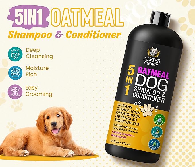 ALFIE'S CHOICE Oatmeal Dog Shampoo and Conditioner for Itchy Skin Relief | 16 fl oz | 5-in-1 Puppy Shampoo for Sensitive Skin | Cleans, Deodorizes & Detangles for All Breeds | Dog Wash Made in USA