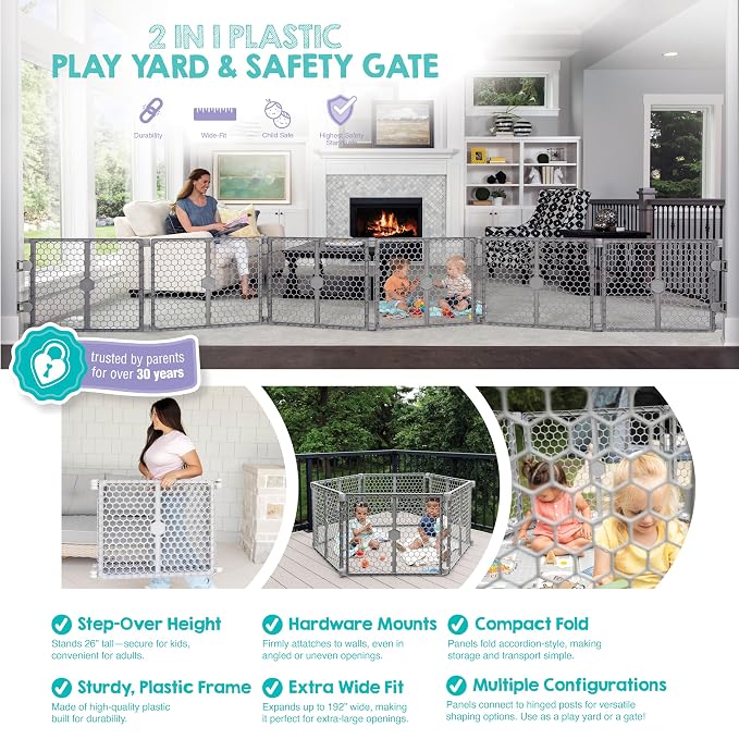 Regalo Safety 192" Plastic 2-in-1 Super Wide Baby Gate & Play Yard | Adjustable Playpen, For Doorways & Open Spaces, For Babies, Toddlers & Pets, Gray, Tested & Trusted for 30 Years