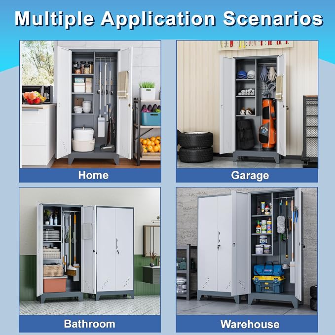 61" Broom Storage Cabinet, Cleaning Tool Storage Cabinet, Garage Utility Storage, Metal Broom Closet for Home, Garage, Utility Room (Gray White, Door-2)