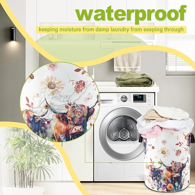 Highland Cow Floral Laundry Basket Foldable Waterproof 18.9 x 16.5 Inch | Oxford Cloth Hamper With Reinforced Handles Lining Large-Capacity Storage For Bathrooms/Laundry Rooms/ Living Rooms/Bedrooms