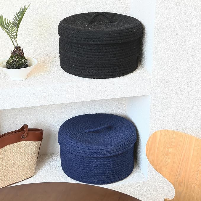 Sea Team Round Storage Basket, Woven Cotton Rope Basket with Lid, Navy | Decorative Knitted Storage Bin, Multi-Purpose Lidded Organizer for Closet Shelves, Nursery and Household Storage