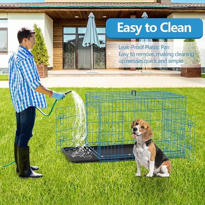 Medium Dog Crate, 30 Inch, Blue, Heavy Duty Steel Wire Folding Dog Cage with Removable Trays, Double-Door, Divider Panel, Handle, Puppy Crate Pet Crate
