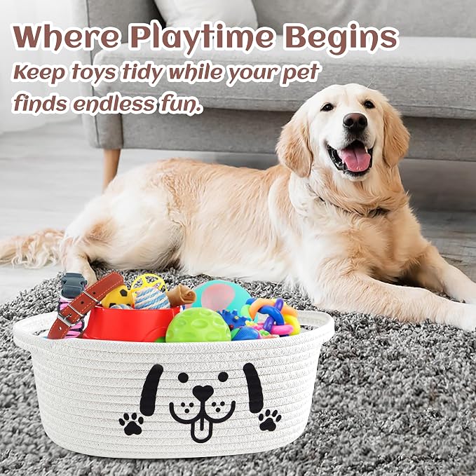 Bufims Small Woven Dog Gifts Basket for Storage Empty Dog Toy Bins Organizer with Ribbons and Bags Durable Cute Pet Gifts 12"X 8" X 5" Small Rope Basket for Gifting