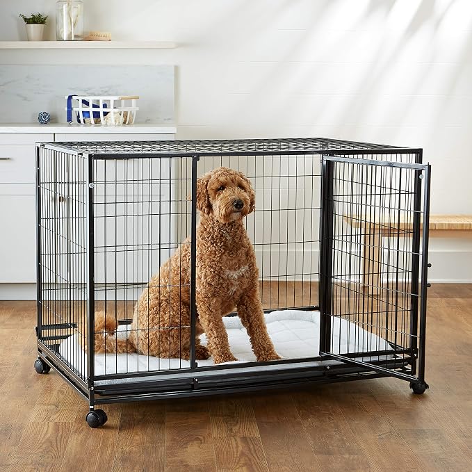 Amazon Basics - Portable Heavy Duty Stackable Dog Pet Kennel with Tray, Black, 48.2" L x 37.8" W x 42.5" H