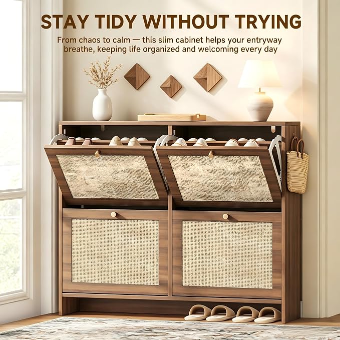 Shoe Cabinet Storage for Entryway, 4-Flip Drawer Narrow Shoe Rack with Adjustable Shelves, Boho Modern Square Rattan Shoe Organizer, Slim Wood Storage Cabinets for Small Spaces Fits Size 13.5