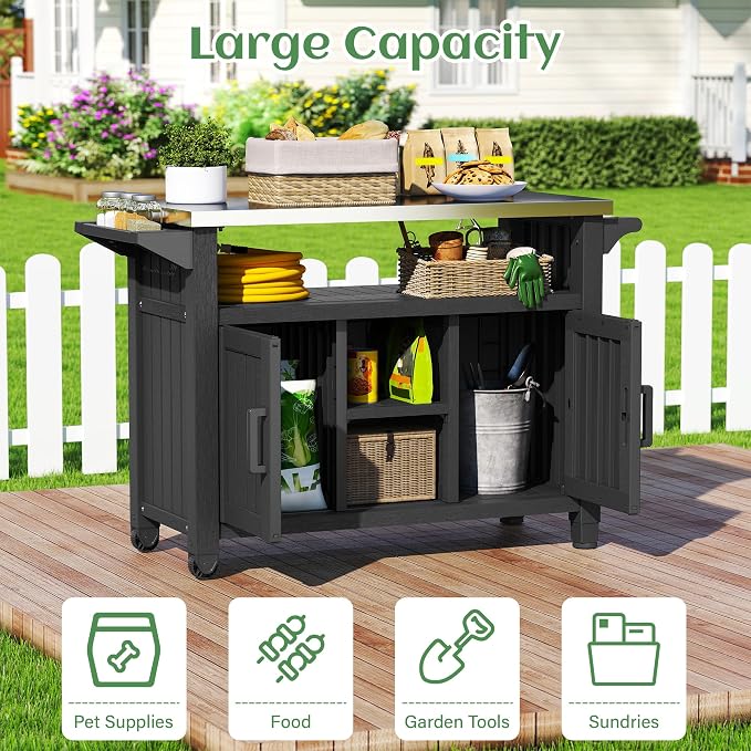 Bifanuo Outdoor Grill Table Grill Cart with Stainless Steel Top & Storage Cabinet for Food Prep and Storage, Portable and Durable with Wheels(Black)