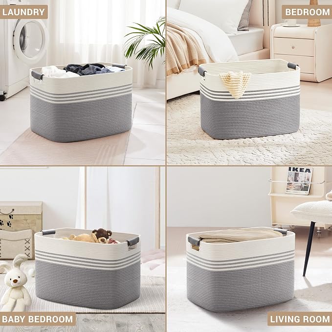 100L Large Woven Laundry Basket Hamper with Leather Handles,Grey | collapsible wicker hamper, storage for dirty clothes, toys, blankets, gifts, living room, bedroom, bathroom, 24"x16"x16"