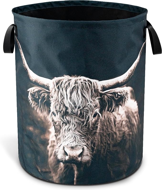 Highland Cow Laundry Basket Foldable Waterproof Hamper 18.9 x 16.5 Inch | Oxford Cloth With Reinforced Handles Lining Design Large-Capacity Storage For Bathrooms/Laundry Rooms/ Living Rooms/Bedrooms