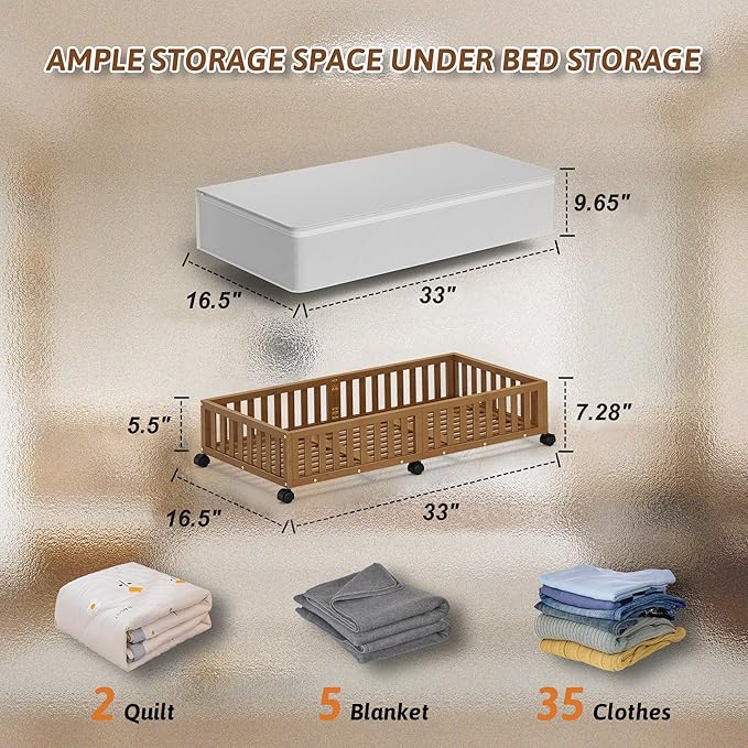 2 Pack Large Bamboo Under Bed Storage Containers with Wheels, Brown | Underbed Drawer Storage with Bag, Wood Rolling Underbed Organizer for Shoes, Sheets Clothes Blanket Comforter, Under Crib Toy