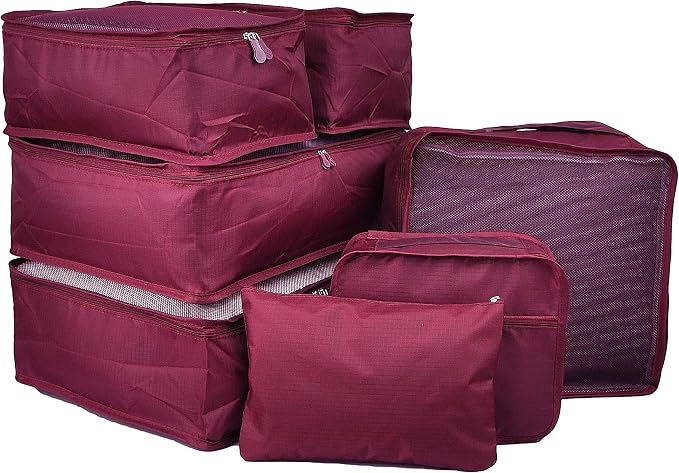 Vercord 7 Set Travel Packing Organizers Cubes Luggage Suitcase Organizer Bags Clothes Underwear Cube Shoe Pouch Pack Burgundy