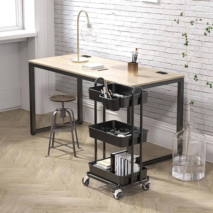 Simple Houseware 3-Tier Rolling Utility Cart with Hanging Bucket, Black | Storage for Bathroom, Kitchen, Office, Study Room, Nursery Diaper