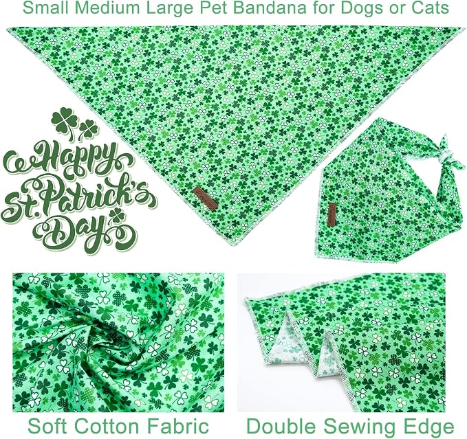 St. Patrick's Dog Bandanas, Shamrock Triangle Bid Scarf for Medium Large Girl Boy Dogs, Spring Cotton Puppy Kerchief, Green Dog Bandana
