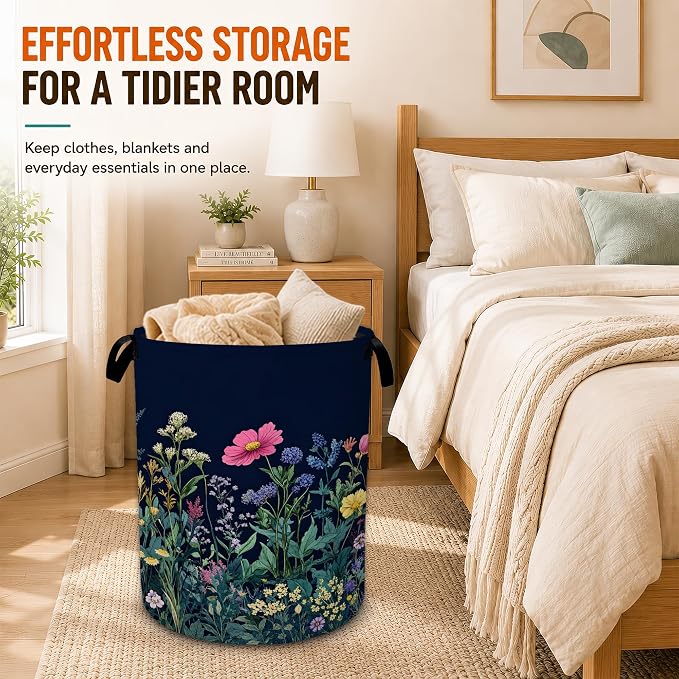Wildflower Spring Floral Laundry Basket,Garden Flowers Foldable Oxford Laundry Hamper with Handles,Portable Clothes Tote Bag Clothes Storage Bucket Organizer For Bathroom/Laundry Storage/Bedroom