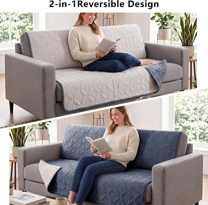 Waterproof Couch Cover for Dogs - Washable Pets Furniture Protector | TPU Leak-Proof Liner, Lightweight & Reversible, Fits Chair, Sofa, Bed, 82" x 82" , Blue/Cream