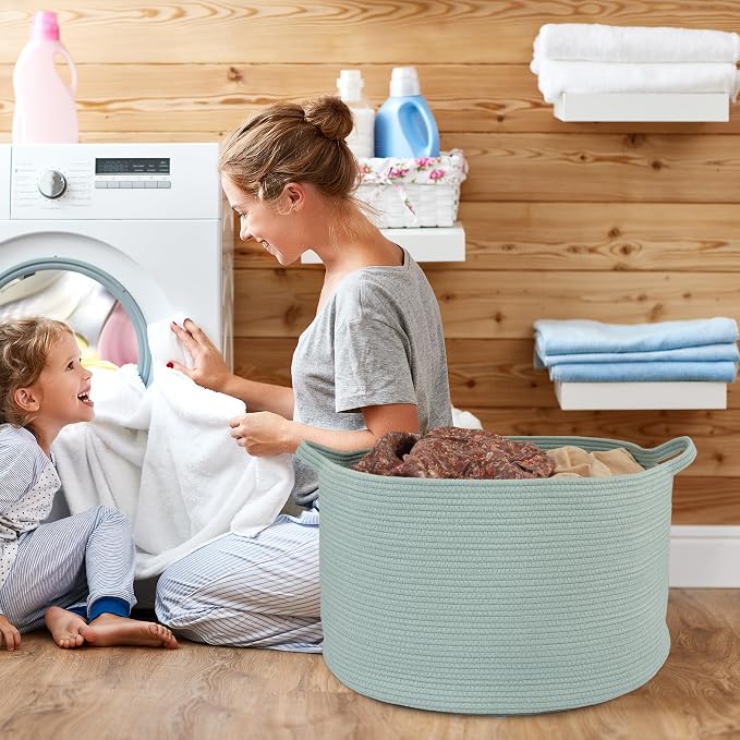 XUANGUO Extra Large Cotton Rope Round Storage Basket 22" x 14" Light Green | Woven basket for blankets, toys, towels, laundry, nursery, living room and pet toy storage.