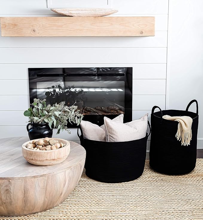 OrganiHaus Tall Cotton Rope Laundry Basket & Hamper, Blanket Storage 52L | Full Black - Tall Cotton Rope Hamper, 52L