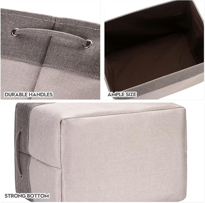 Sea Team Oversized Rectangle Canvas Open-Top Storage Baskets, 3-Pack | Collapsible Fabric Storage Bins with Handles, Closet Shelf Organizers, 22 x 15 x 13 Inches, Ash Gray & Gray