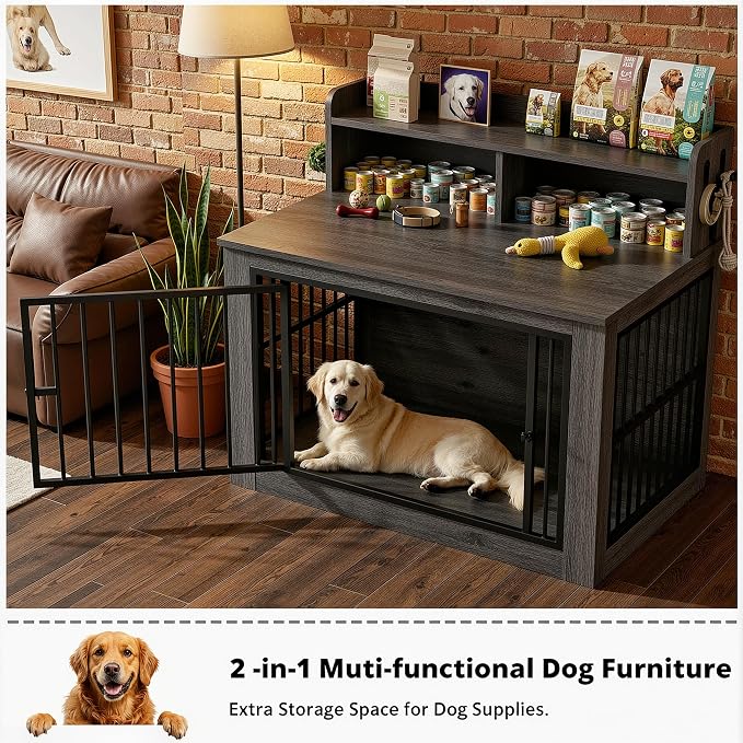 IRONCK 43.3" Extra Large Dog Crate Furniture with Storage Shelf | 10mm iron rods. Storage shelf and 4 hooks. 200 lb tabletop. 30"L x 43.3"W x 41.1"H indoor large crate