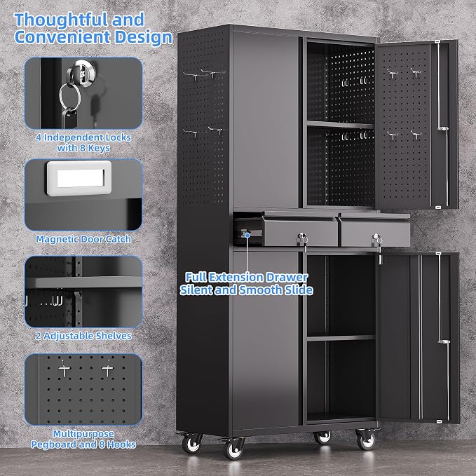 Garage Storage Cabinet with Wheels and 2 Drawers, 71" H Locking Metal Storage Cabinet with Pegboard Doors and 2 Adjustable Shelves for Garage, Warehouse, Home, Black, Assembly Required