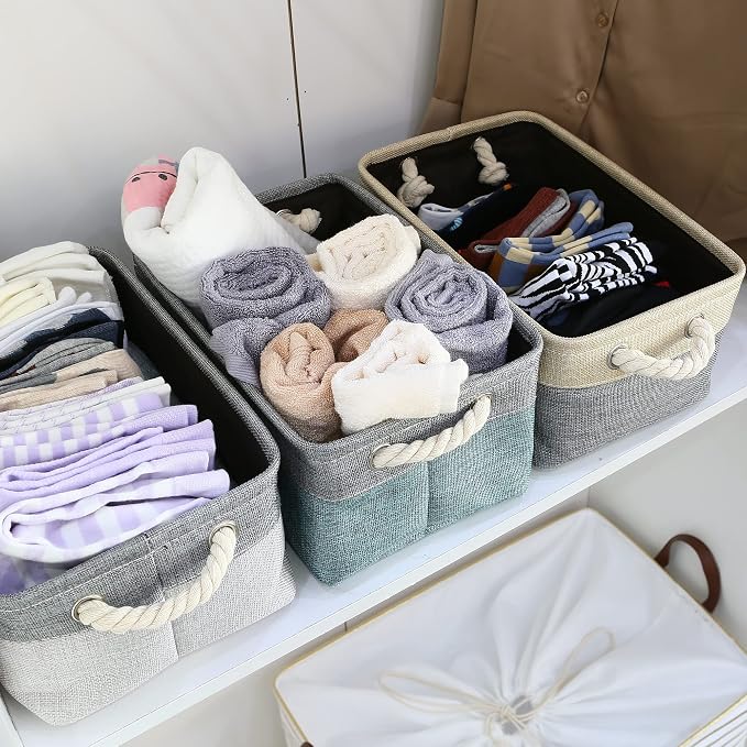 Sea Team Compact Rectangle Canvas Open-Top Storage Baskets, 3-Pack | Collapsible Fabric Storage Bins with Handles, Closet Shelf Organizers, 12 x 8 x 5 Inches, Stone Blue & Gray