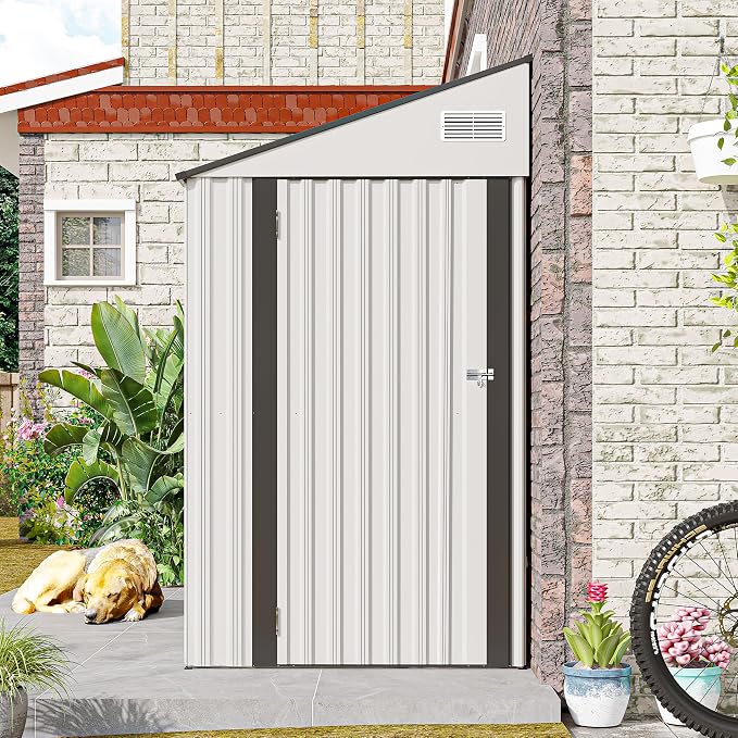 4x8FT Metal Storage Shed, Sloping Roof, Single Hinge Door, White | Outdoor Tool Shed | Ventilation Windows | Waterproof | Protective Film | for Patio, Lawn and Utility Equipment