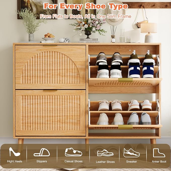 Shoe Storage Cabinet with 4 Flip Drawers, Narrow Wood Shoe Organizer Cabinet with Fluted Panel, Slim Shoe Rack for Entryway, Freestanding Shoe Cabinet for Living Room, Hallway, Wood Color