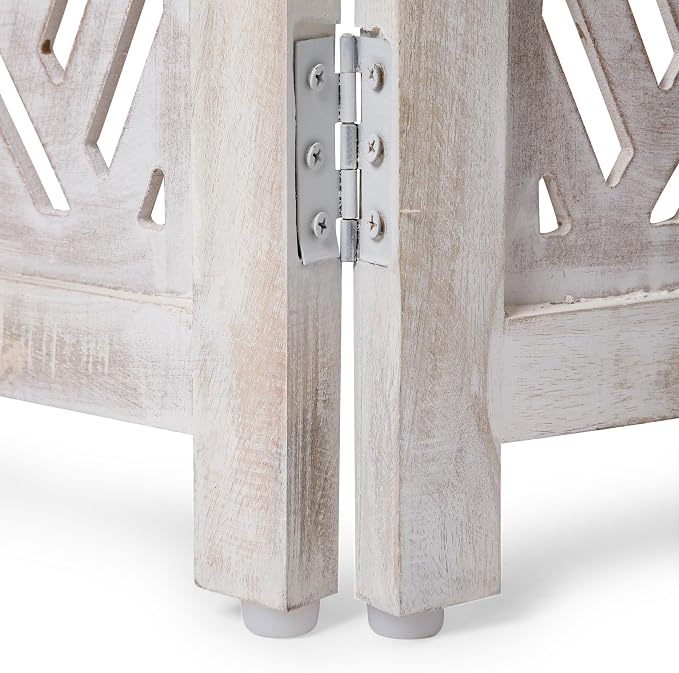 Lightnpro 3-Panel Carved Wooden Dog Gate – 54 Inch Foldable Freestanding Pet Barrier, White Wash Indoor Safety Fence for Small Dogs & Puppies – 24x18 Inch Panels