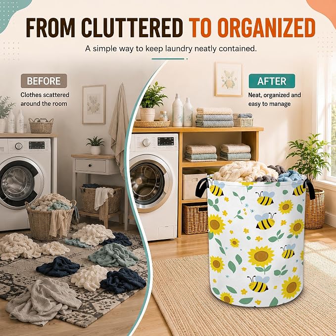 Cute Bee Sunflower Laundry Basket with Handles,Foldable Oxford Laundry Hamper,Collapsible Clothes Storage Basket for Laundry Room/Bathroom/Bedroom/Dormitories 20.8 x 16 Inches