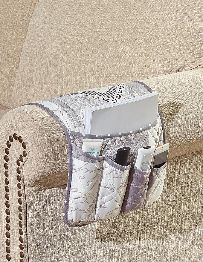 Brilliant Sunshine Grey Heartlove Couch Armrest Cover, 35"×13" | Washable Magazine Holder, Armrest Organizer & Caddy on Sofa, Recliner, Armchair, Storage for Remote Controls, Phone, iPad