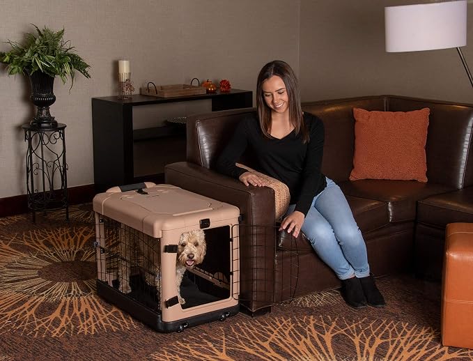 Pet Gear The Other Door 4 Door Steel Crate for Dogs/Cats, 27", Beige | Garage-Style Door, Includes Plush Bed & Travel Bag, No Tools Required