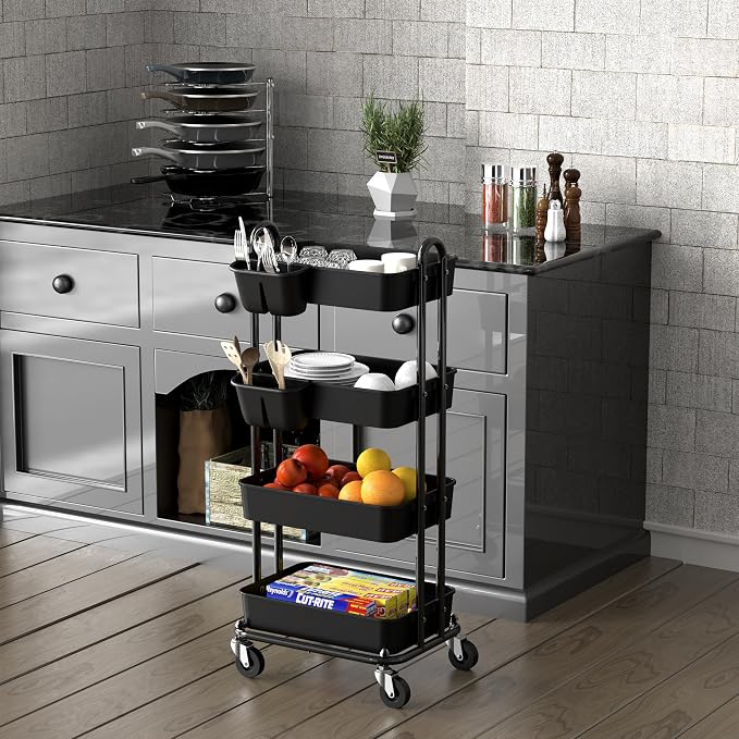 Simple Houseware 4-Tier Rolling Utility Cart with Hanging Bucket, Black | Storage for Bathroom, Kitchen, Office, Study Room, Nursery Diaper